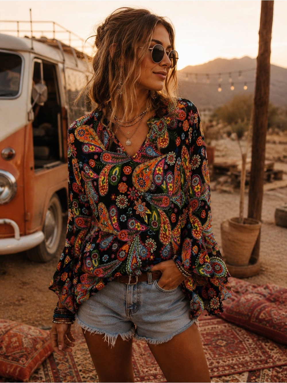 Spense Colorful Paisley Boho Bell Sleeve Blouse Size L